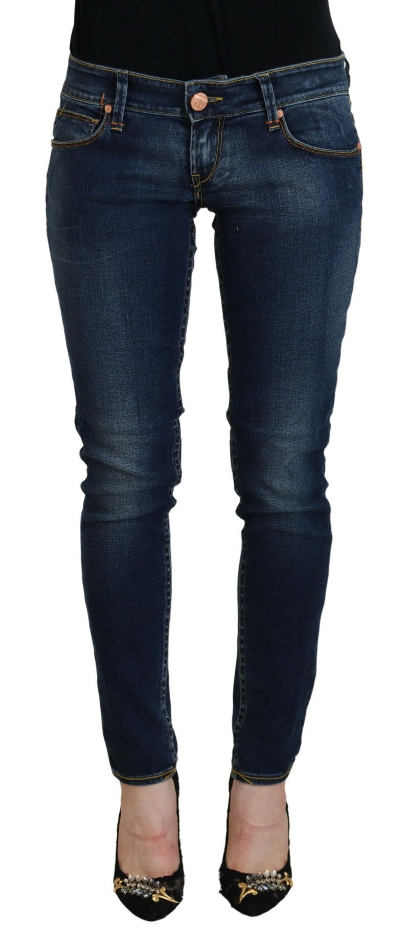 Acht Blue Cotton Low Waist Skinny Jeans for Women