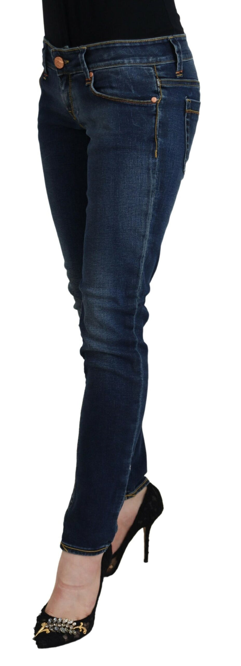 Acht Blue Cotton Low Waist Skinny Jeans for Women