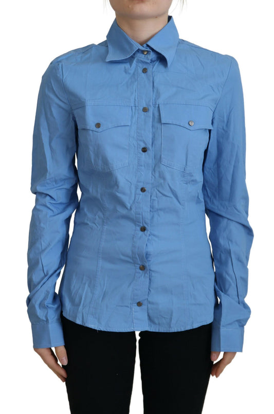 Haut à manches longues en coton bleu Ferre, col boutonné.