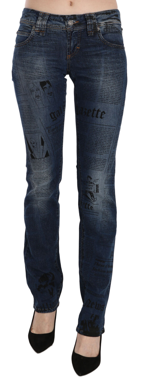 Jean Skinny Bas Taille Imprimé Journal Bleu John Galliano