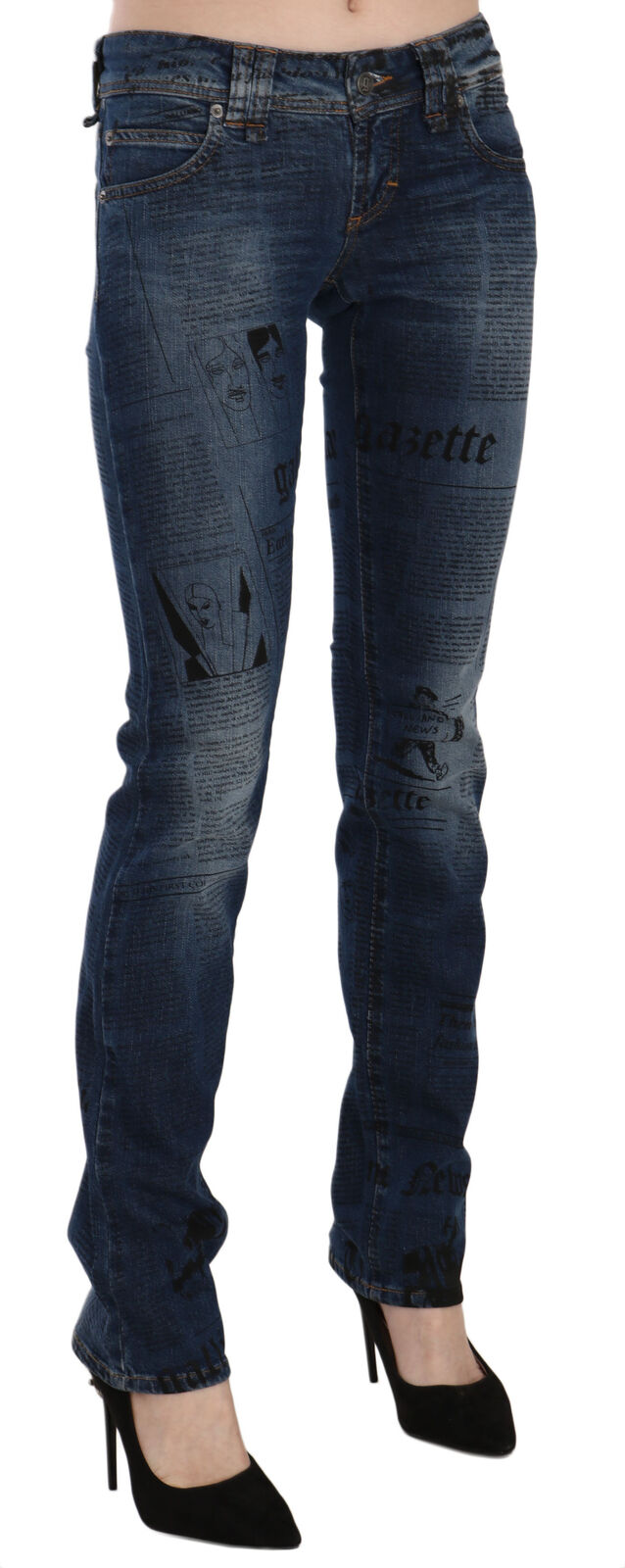 Jean Skinny Bas Taille Imprimé Journal Bleu John Galliano