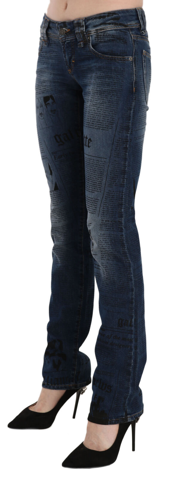 Jean Skinny Bas Taille Imprimé Journal Bleu John Galliano