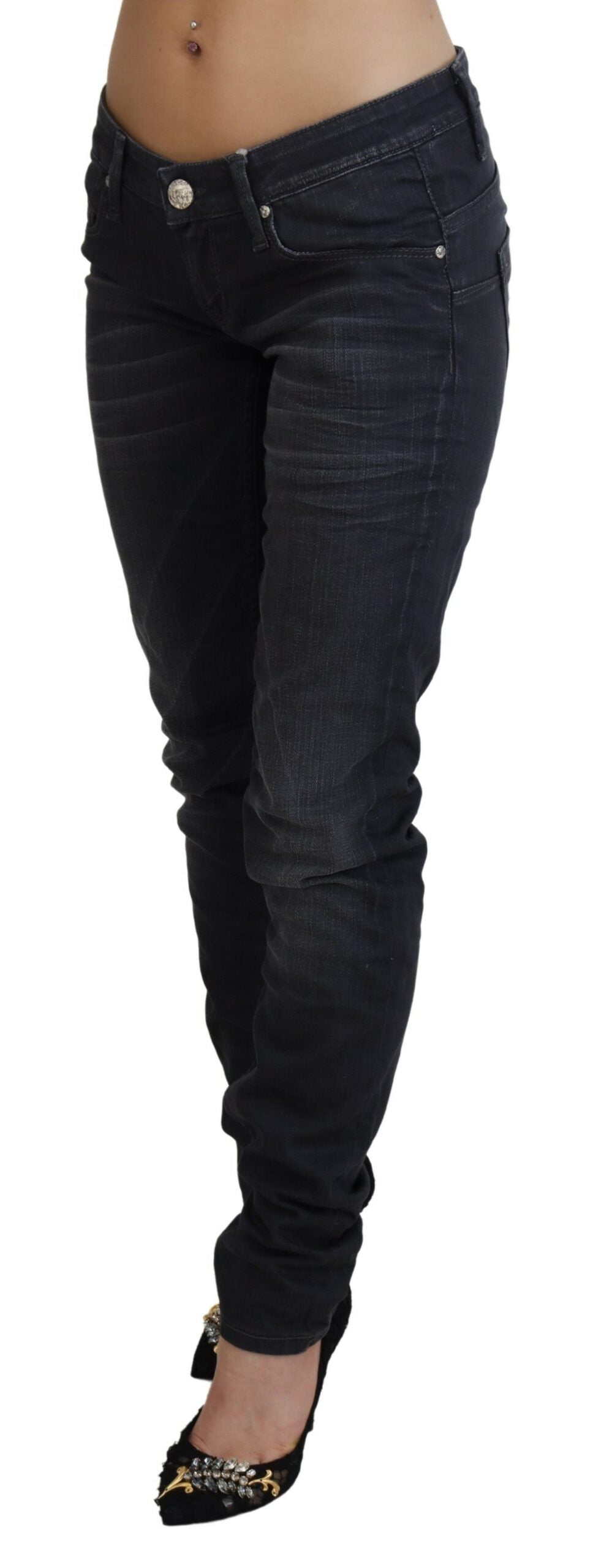 Jeans en jean slim taille basse, effet délavé noir, Acht.