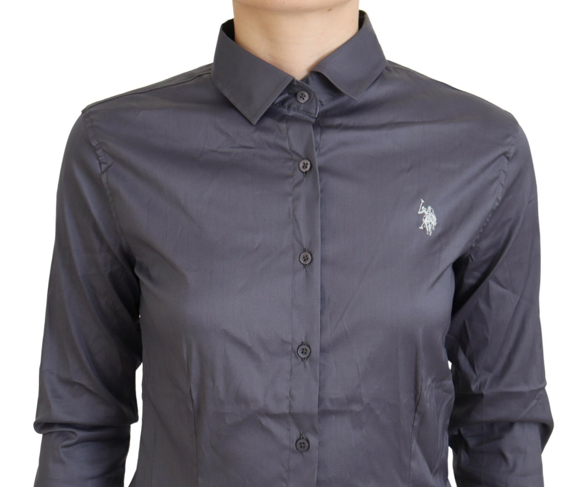 U.S. POLO ASSN. Gray Printed Long Sleeves Collared Top
