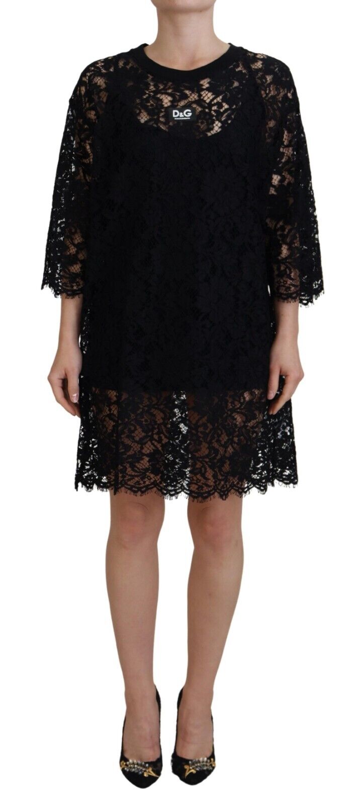 Robe Mini Shift en Dentelle Florale Noire Dolce & Gabbana