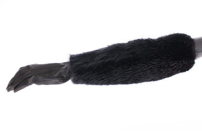 Gants de coude en cuir d'agneau et fourrure de castor noirs Dolce & Gabbana
