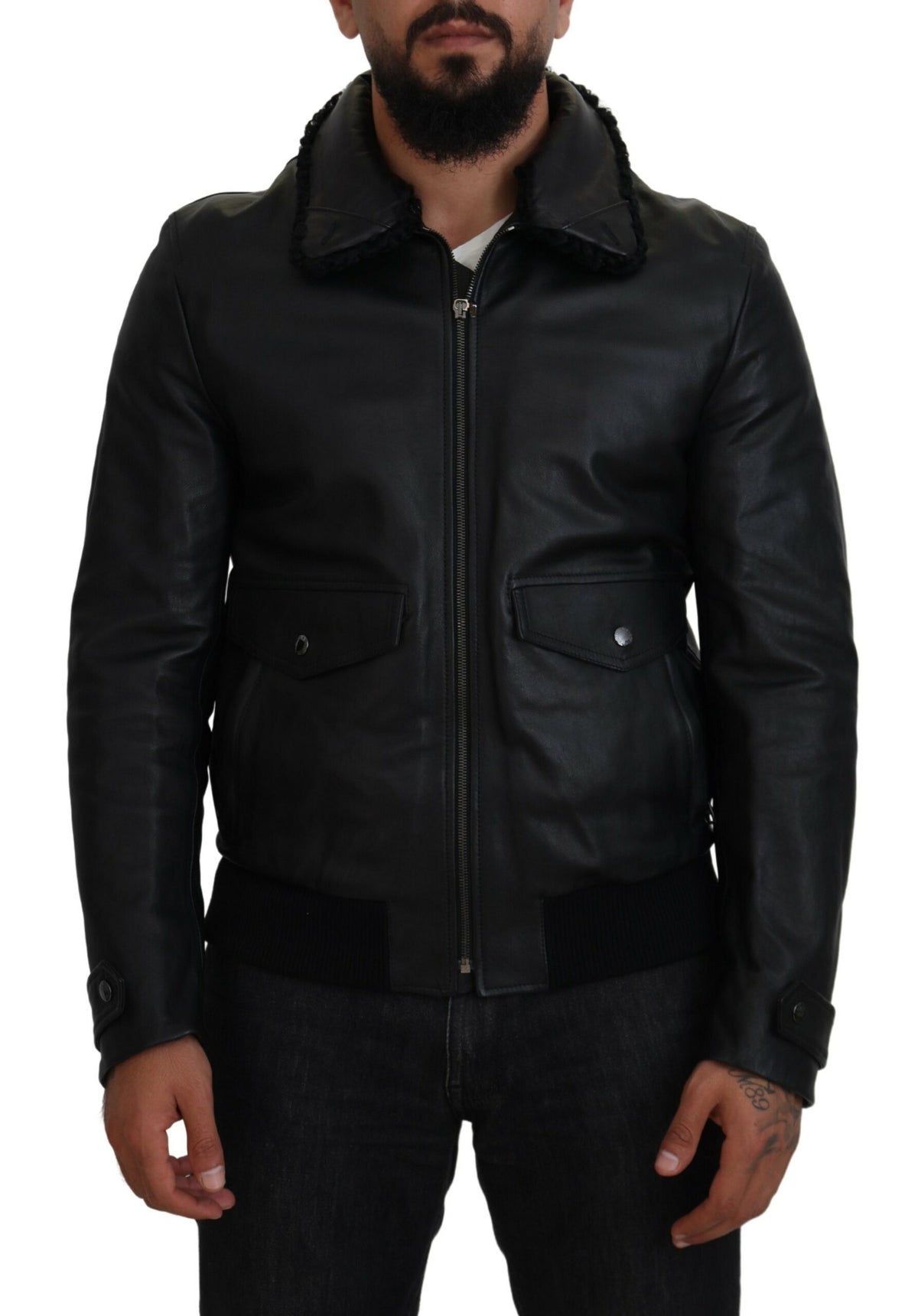 Dolce & Gabbana Veste-manteau pour homme en cuir d'agneau noir à col montant