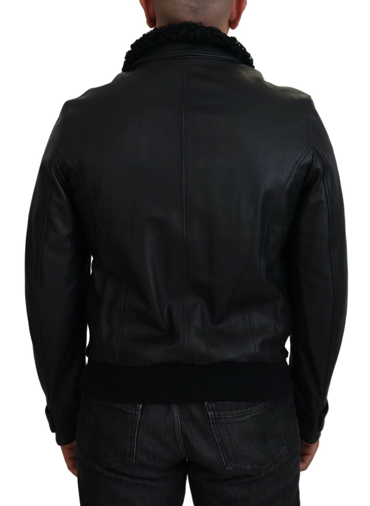Dolce & Gabbana Veste-manteau pour homme en cuir d'agneau noir à col montant