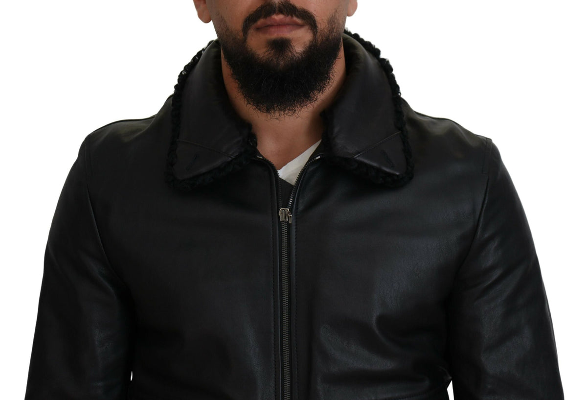 Dolce & Gabbana Veste-manteau pour homme en cuir d'agneau noir à col montant