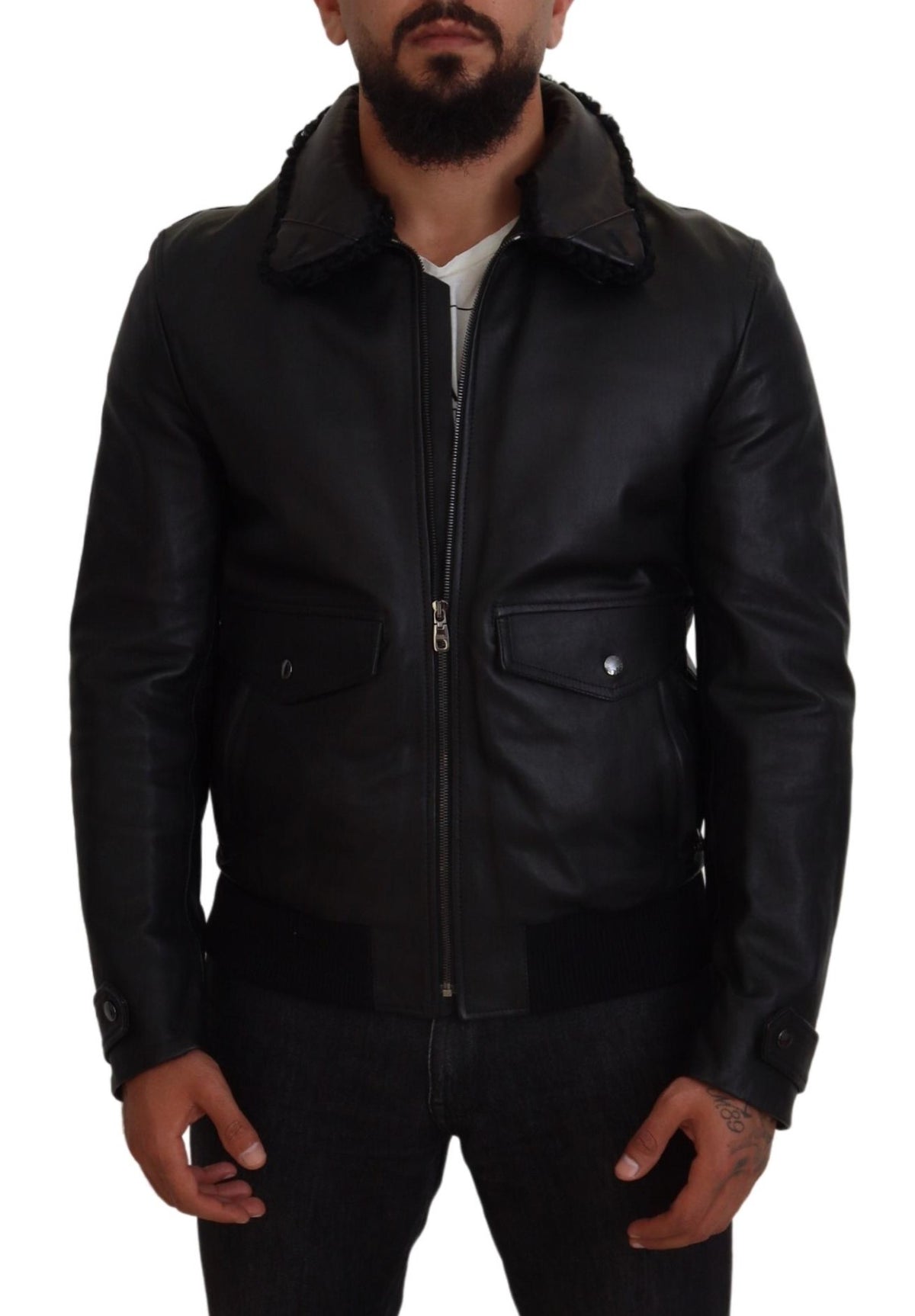 Dolce & Gabbana Veste-manteau pour homme en cuir d'agneau noir à col montant