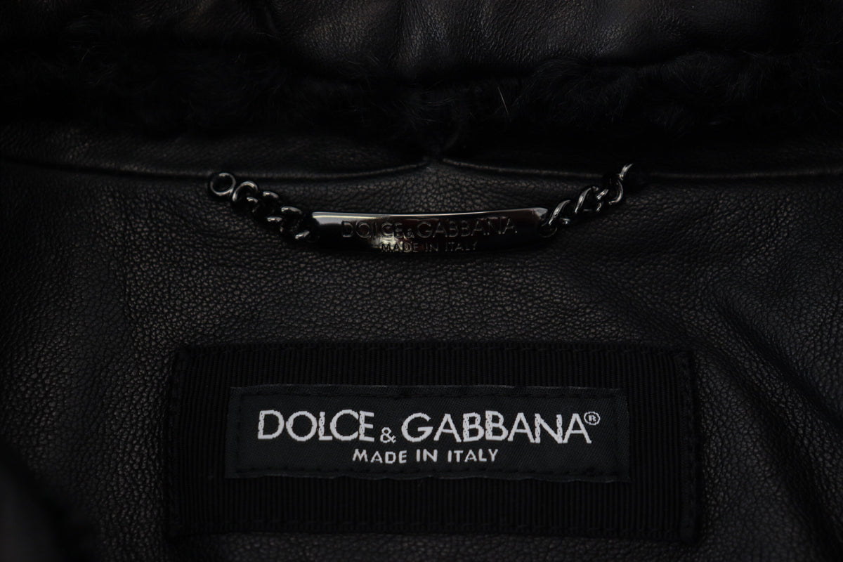 Dolce & Gabbana Veste-manteau pour homme en cuir d'agneau noir à col montant