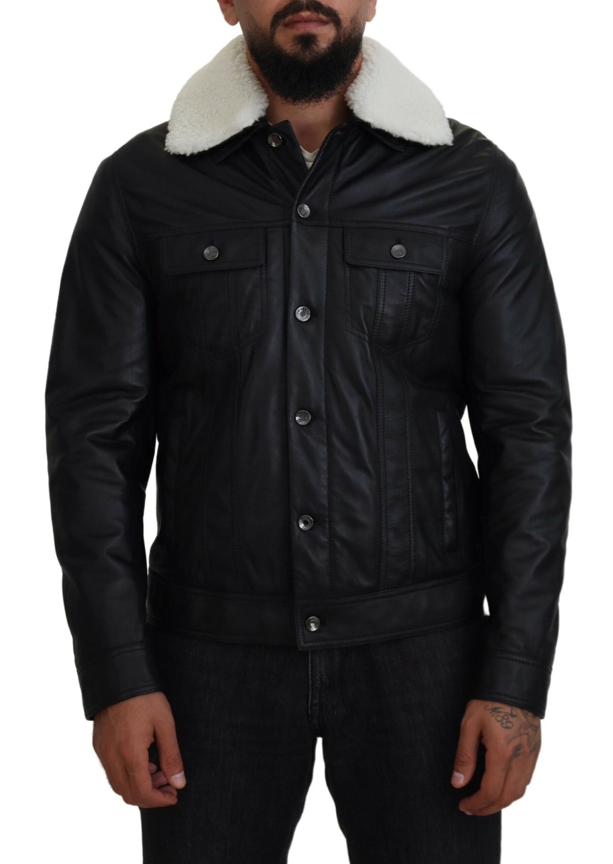Dolce & Gabbana Veste-manteau homme en cuir d'agneau noir à col montant