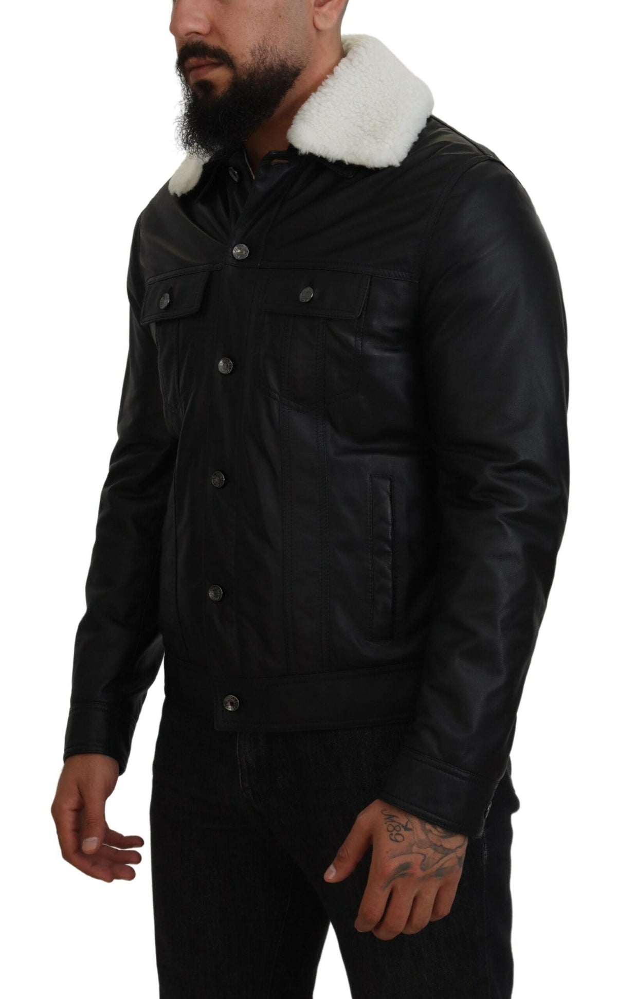 Dolce & Gabbana Veste-manteau homme en cuir d'agneau noir à col montant