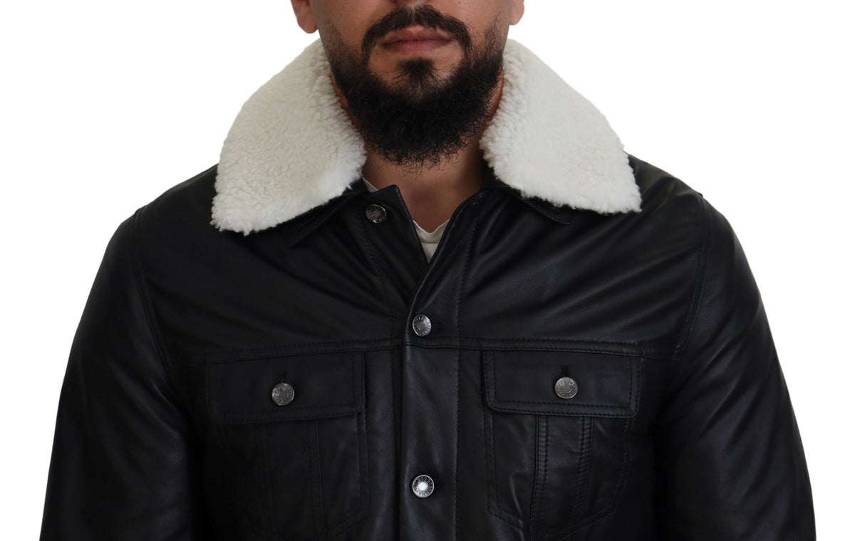 Dolce & Gabbana Veste-manteau homme en cuir d'agneau noir à col montant