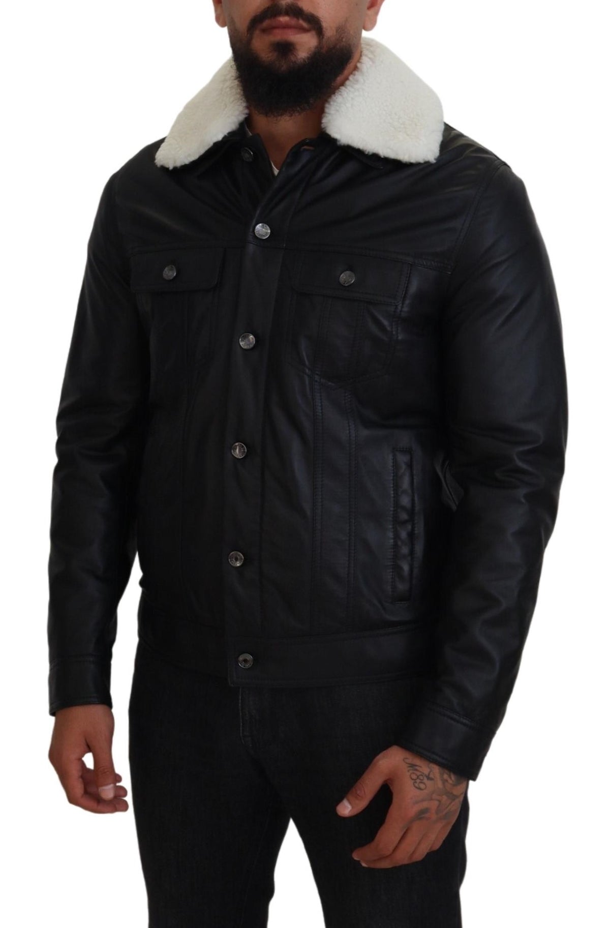 Dolce & Gabbana Veste-manteau homme en cuir d'agneau noir à col montant