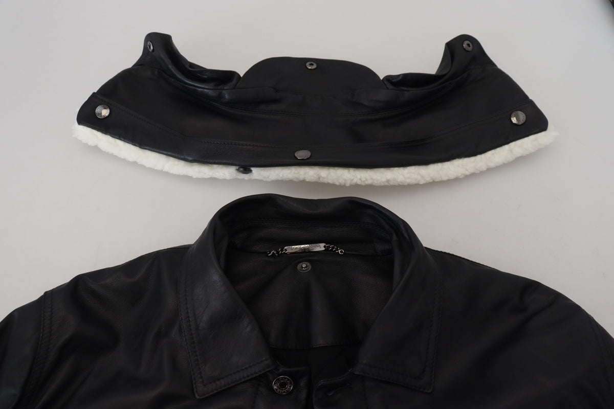 Dolce & Gabbana Veste-manteau homme en cuir d'agneau noir à col montant