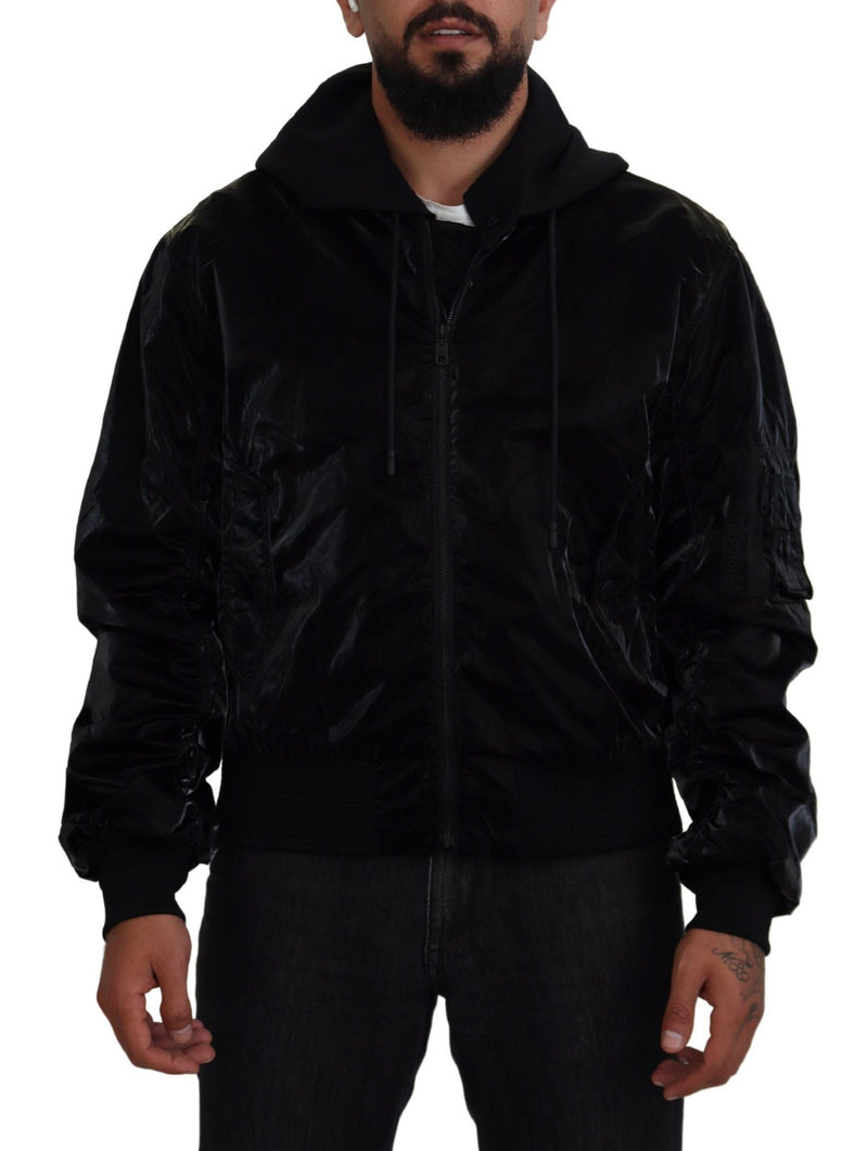 Veste bomber à capuche et fermeture éclair intégrale en nylon noir de Dolce & Gabbana