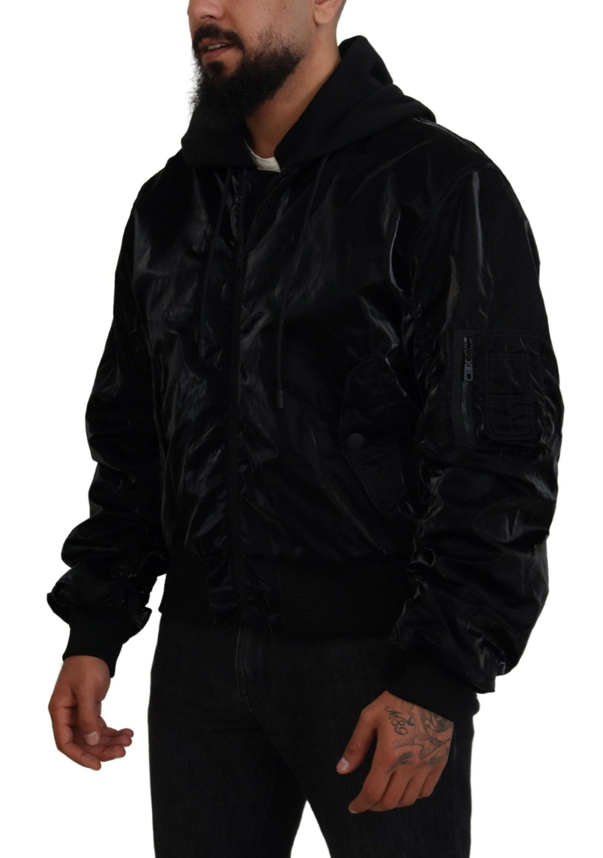 Veste bomber à capuche et fermeture éclair intégrale en nylon noir de Dolce & Gabbana