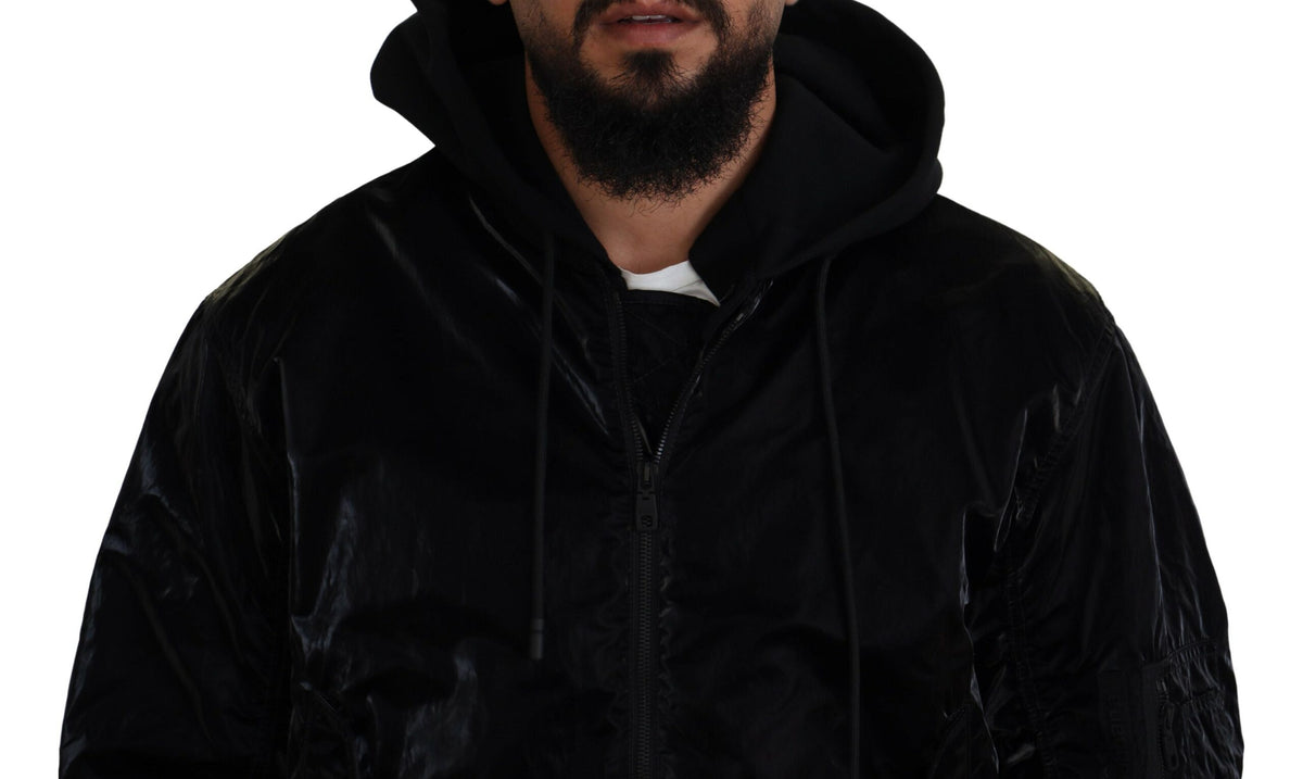 Veste bomber à capuche et fermeture éclair intégrale en nylon noir de Dolce & Gabbana