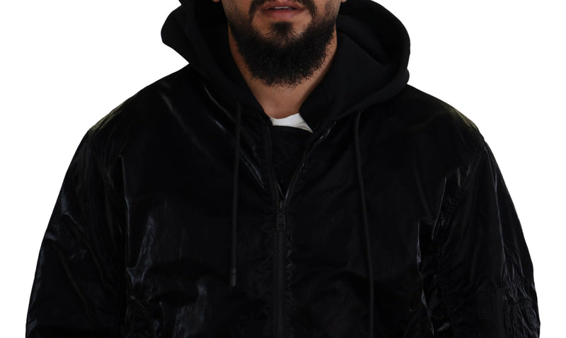 Veste bomber à capuche et fermeture éclair intégrale en nylon noir de Dolce & Gabbana