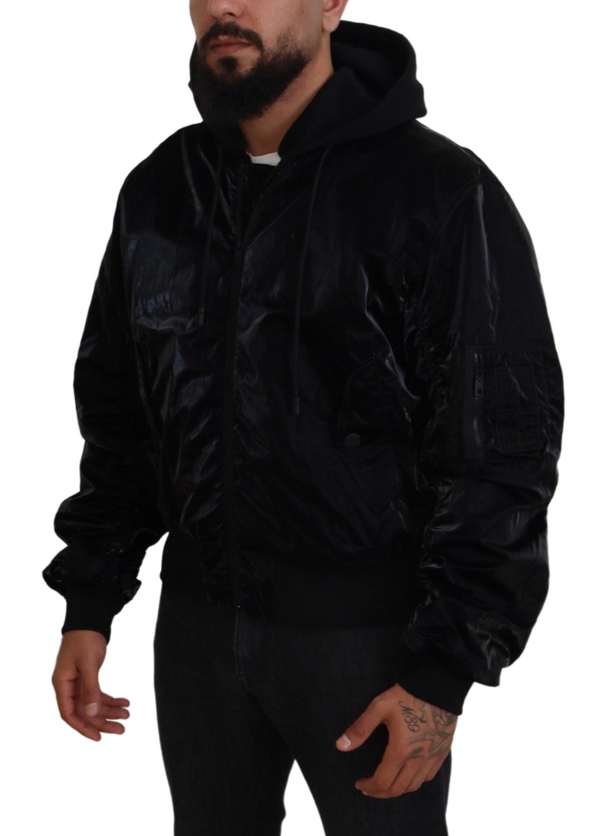 Veste bomber à capuche et fermeture éclair intégrale en nylon noir de Dolce & Gabbana