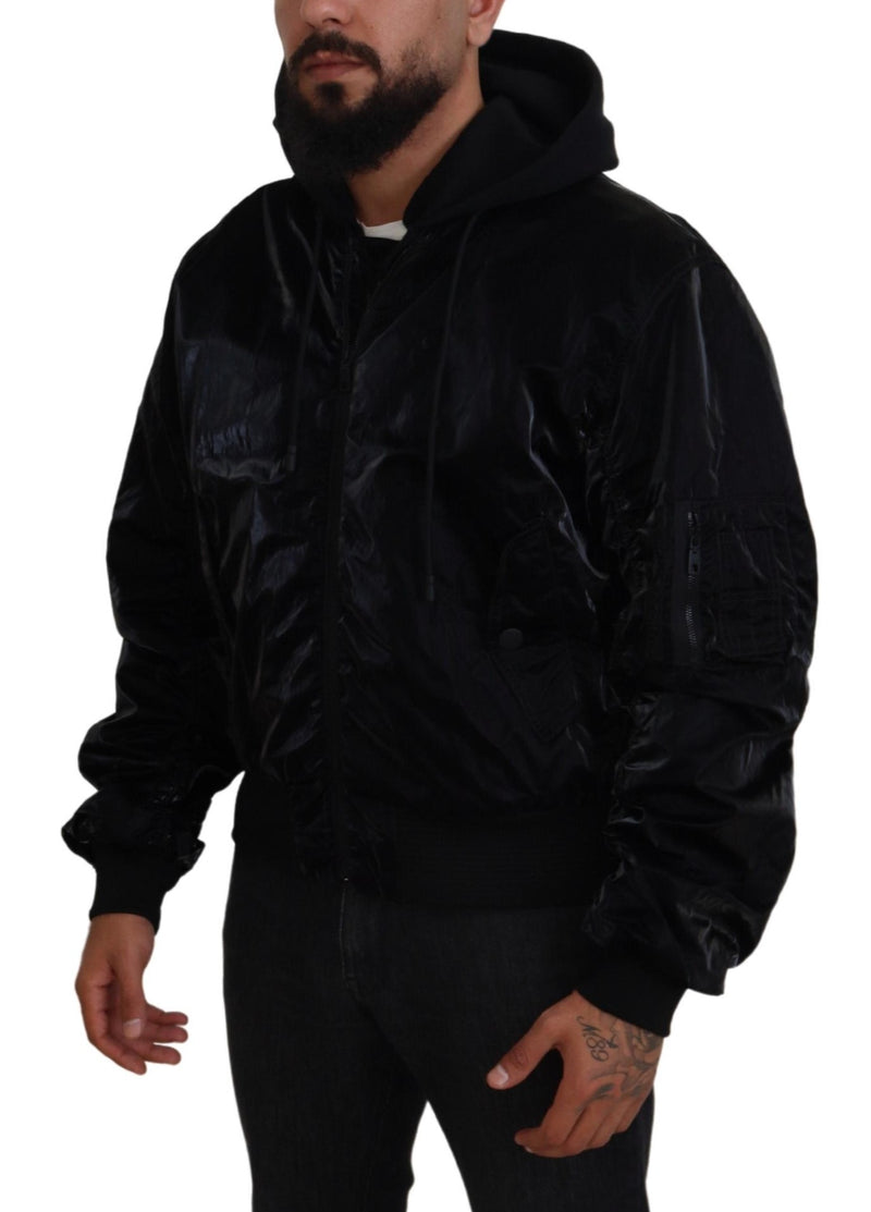 Veste bomber à capuche et fermeture éclair intégrale en nylon noir de Dolce & Gabbana