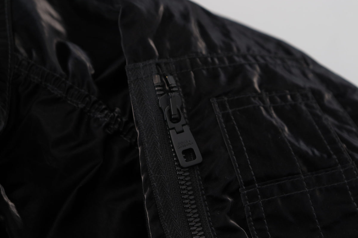Veste bomber à capuche et fermeture éclair intégrale en nylon noir de Dolce & Gabbana