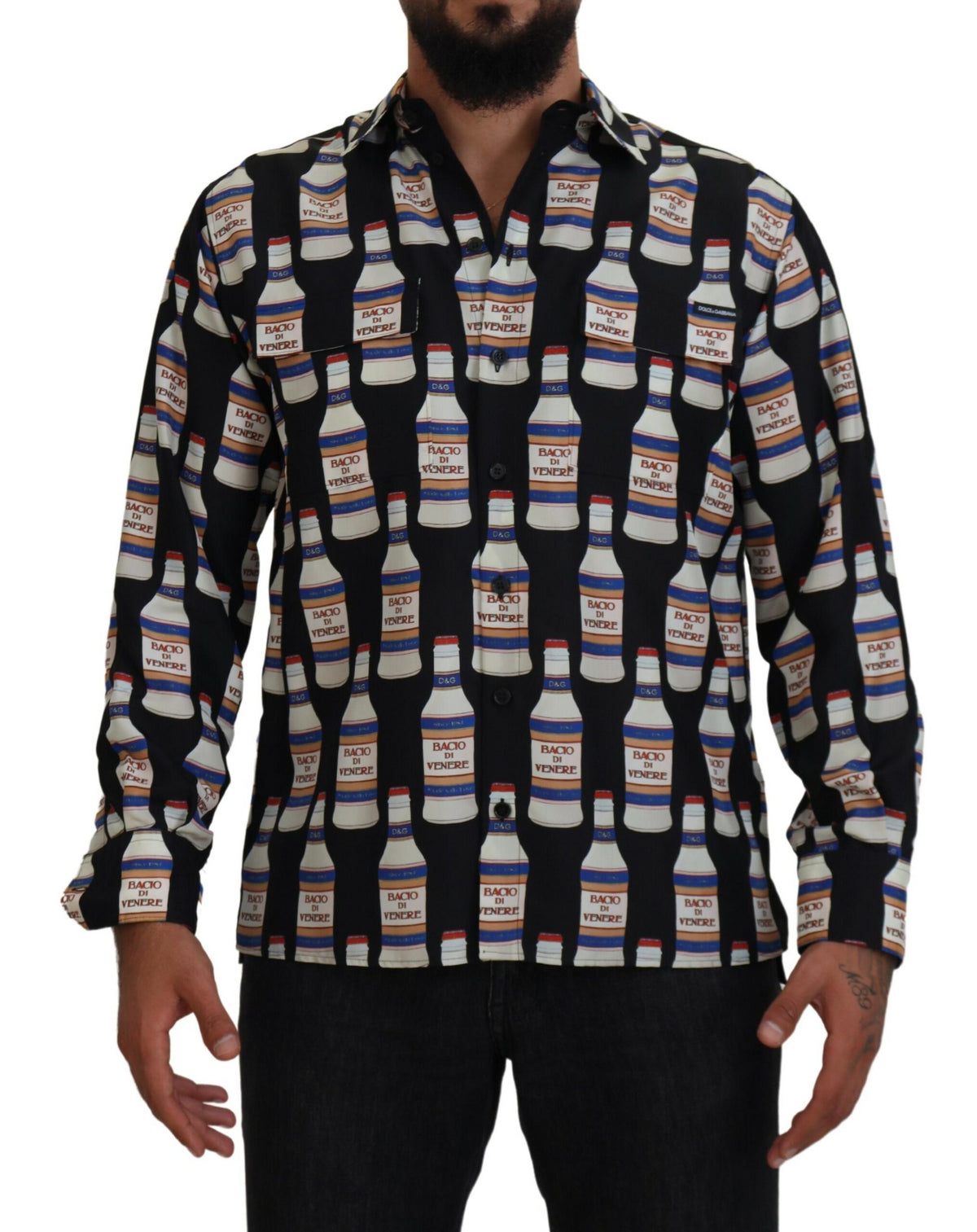Chemise homme décontractée en soie noire à col imprimé Dolce &amp; Gabbana