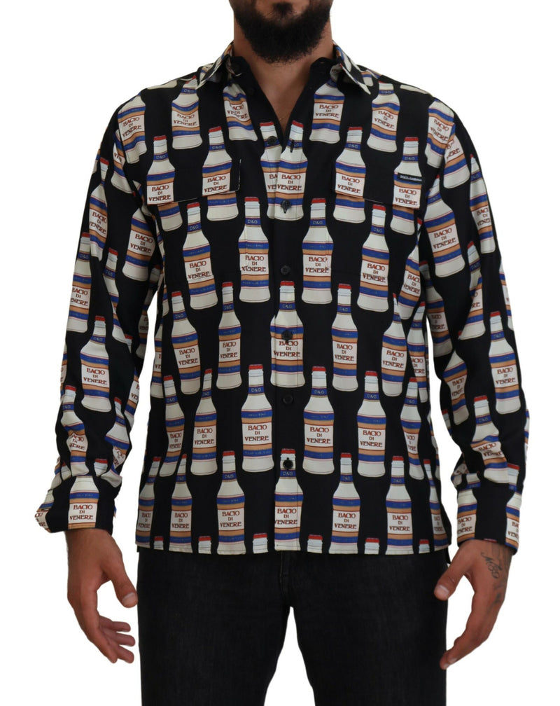 Chemise homme décontractée en soie noire à col imprimé Dolce &amp; Gabbana