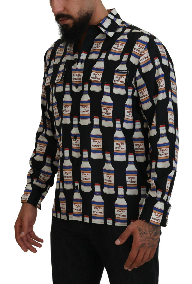 Chemise homme décontractée en soie noire à col imprimé Dolce &amp; Gabbana