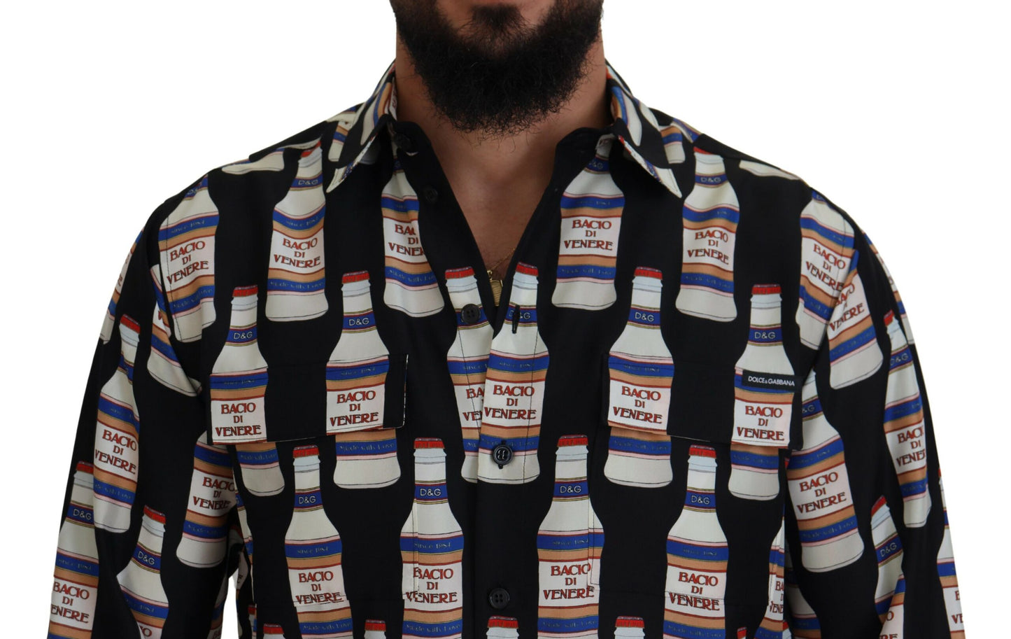 Chemise homme décontractée en soie noire à col imprimé Dolce &amp; Gabbana