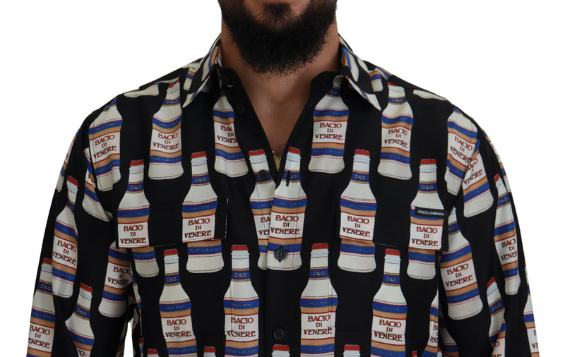 Chemise homme décontractée en soie noire à col imprimé Dolce &amp; Gabbana