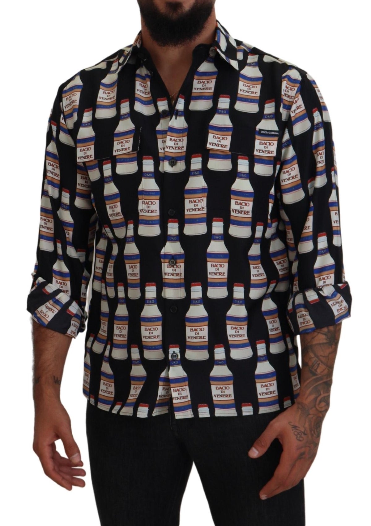 Chemise homme décontractée en soie noire à col imprimé Dolce &amp; Gabbana