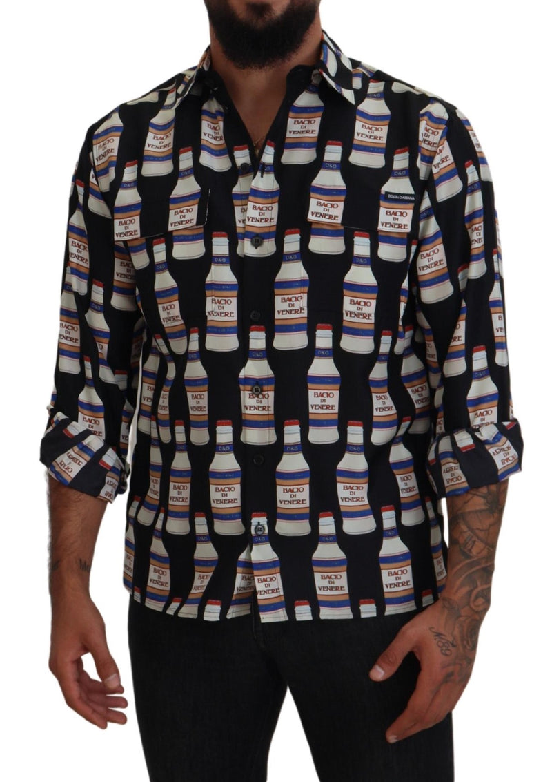Chemise homme décontractée en soie noire à col imprimé Dolce &amp; Gabbana