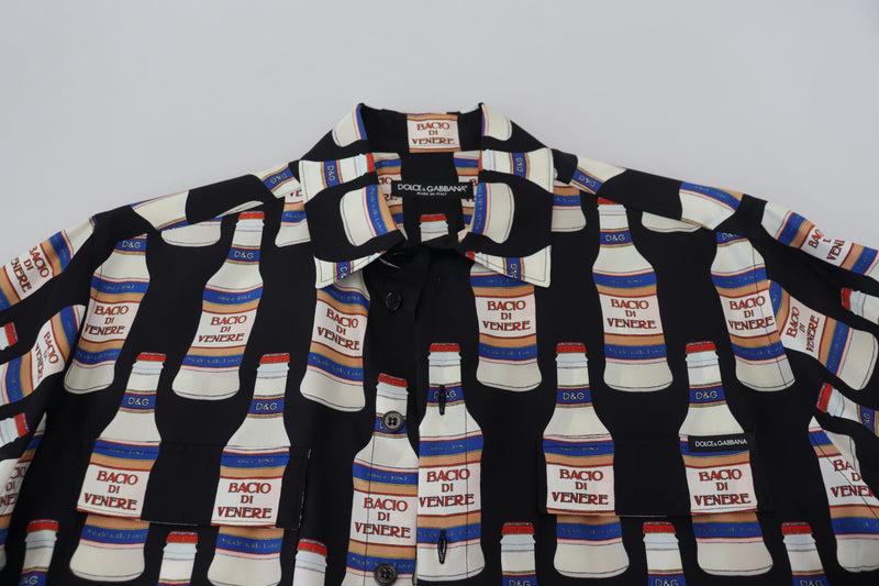 Chemise homme décontractée en soie noire à col imprimé Dolce &amp; Gabbana