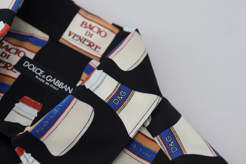 Chemise homme décontractée en soie noire à col imprimé Dolce &amp; Gabbana