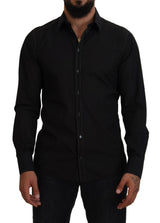 Chemise à manches longues, col montant, en coton noir, dorée, Dolce &amp; Gabbana