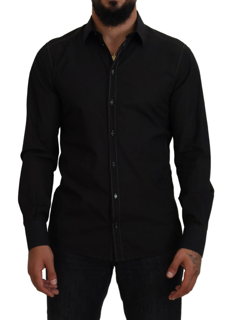 Chemise à manches longues, col montant, en coton noir, dorée, Dolce &amp; Gabbana