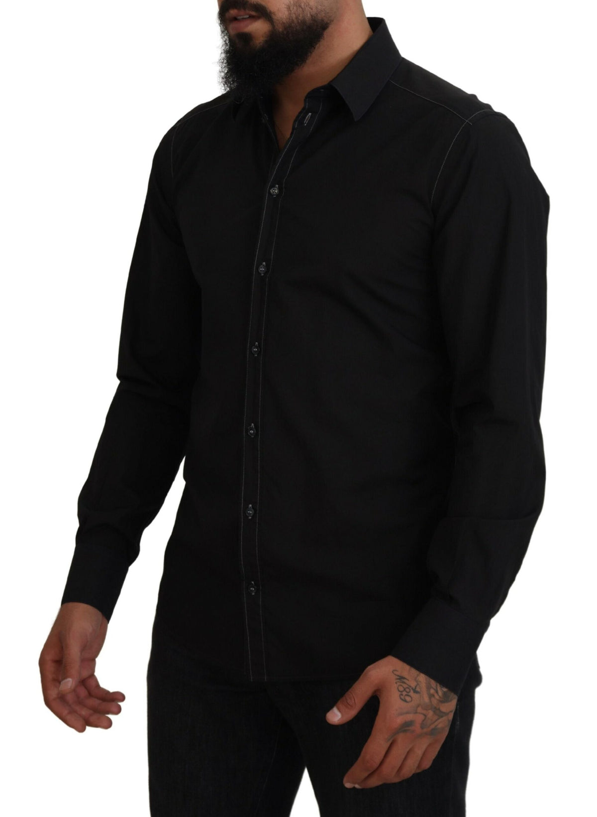 Chemise à manches longues, col montant, en coton noir, dorée, Dolce &amp; Gabbana