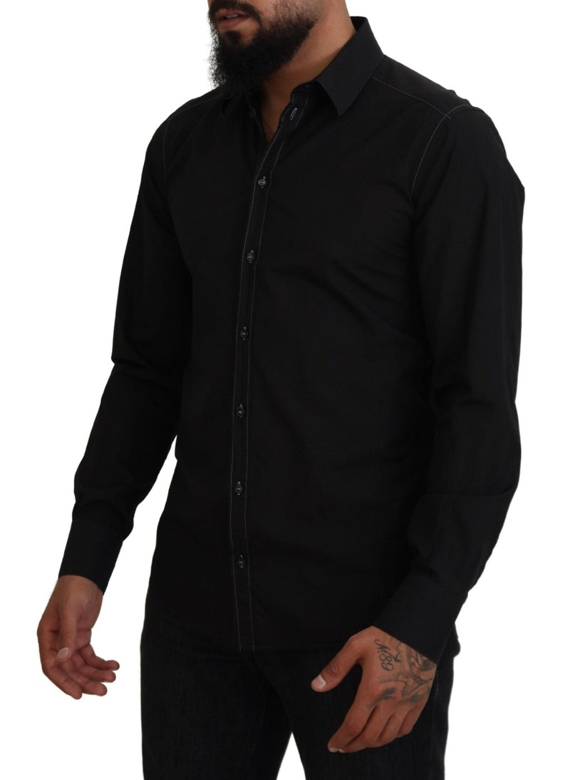 Chemise à manches longues, col montant, en coton noir, dorée, Dolce &amp; Gabbana