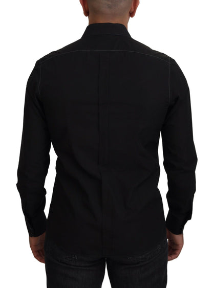 Dolce &amp; Gabbana zwart katoenen overhemd met kraag en lange mouwen, goudkleurig.