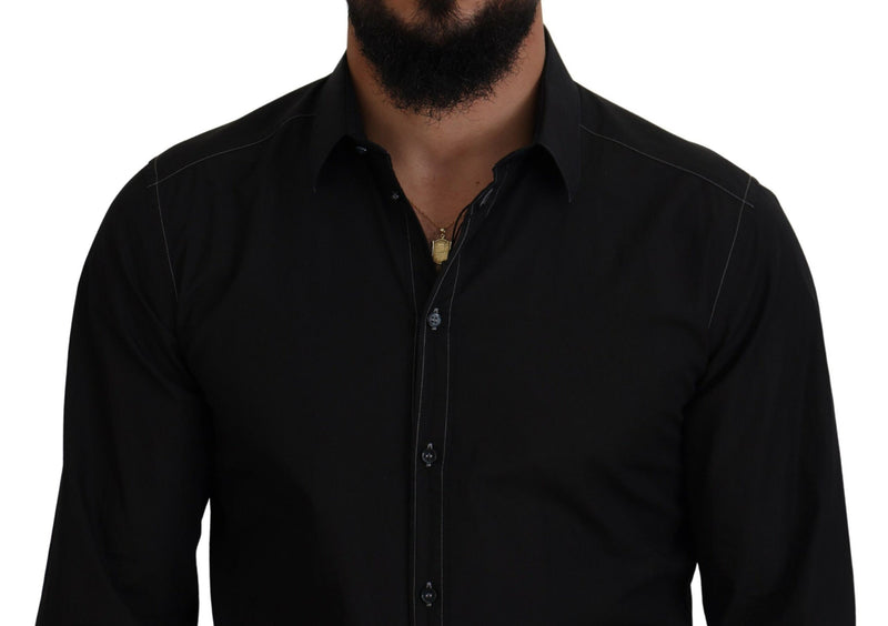Chemise à manches longues, col montant, en coton noir, dorée, Dolce &amp; Gabbana