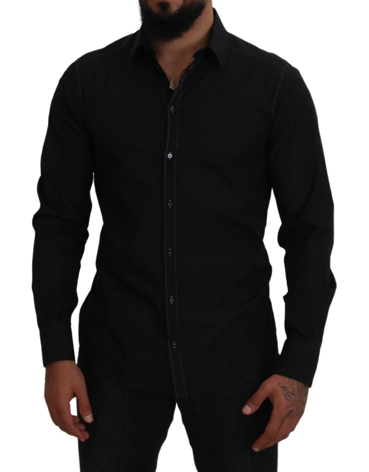 Chemise à manches longues, col montant, en coton noir, dorée, Dolce &amp; Gabbana