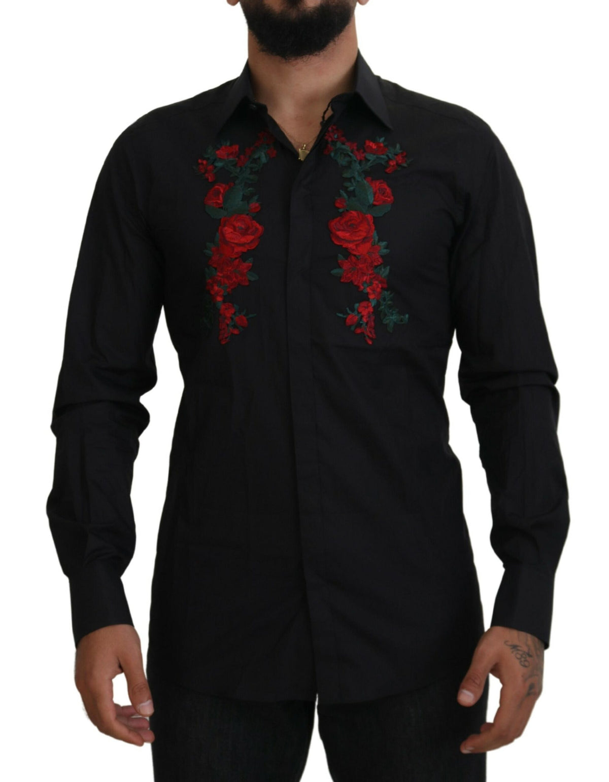 Chemise à manches longues dorée pour homme Dolce &amp; Gabbana, brodée de fleurs noires.