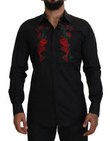 Chemise à manches longues dorée pour homme Dolce &amp; Gabbana, brodée de fleurs noires.