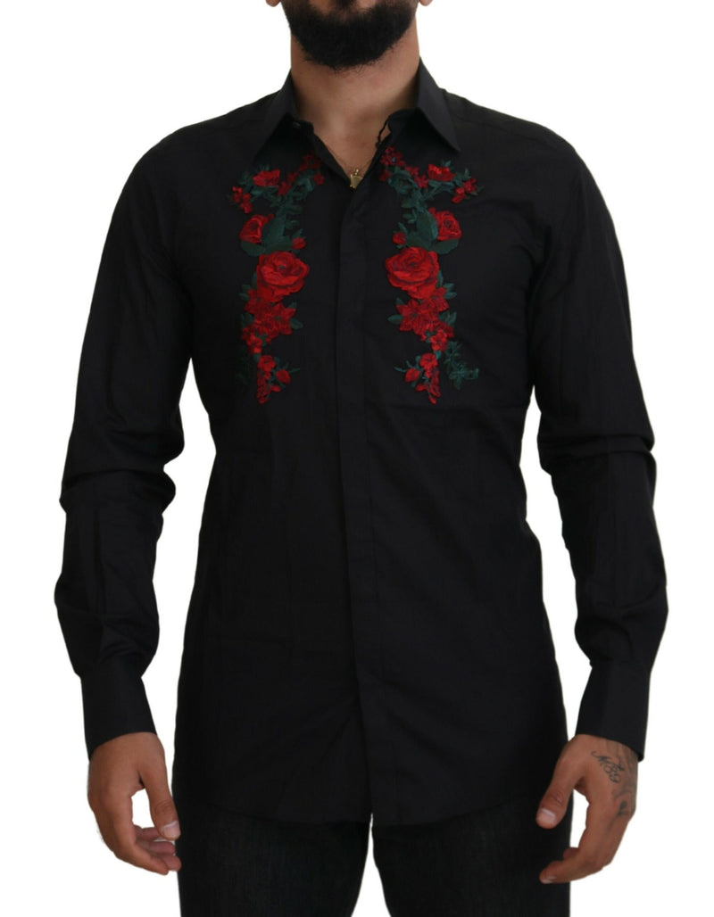 Chemise à manches longues dorée pour homme Dolce &amp; Gabbana, brodée de fleurs noires.