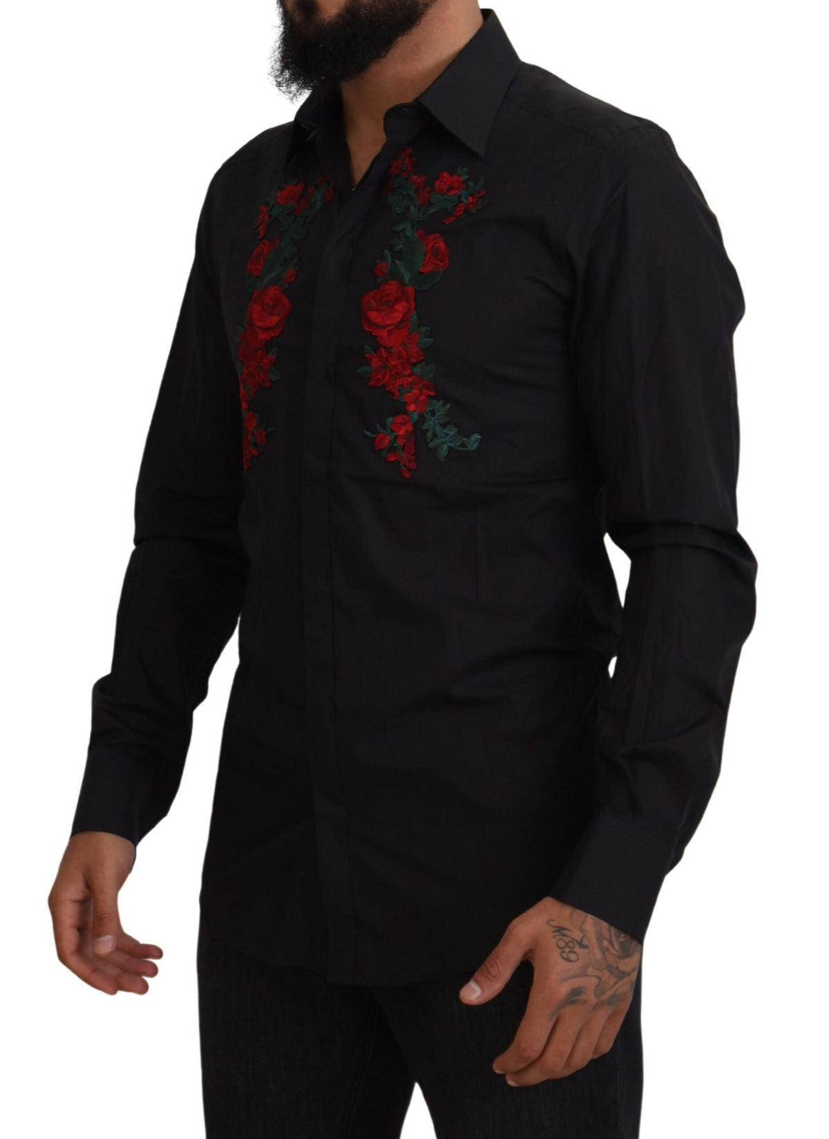 Chemise à manches longues dorée pour homme Dolce &amp; Gabbana, brodée de fleurs noires.