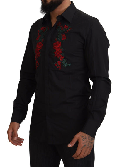 Chemise à manches longues dorée pour homme Dolce &amp; Gabbana, brodée de fleurs noires.