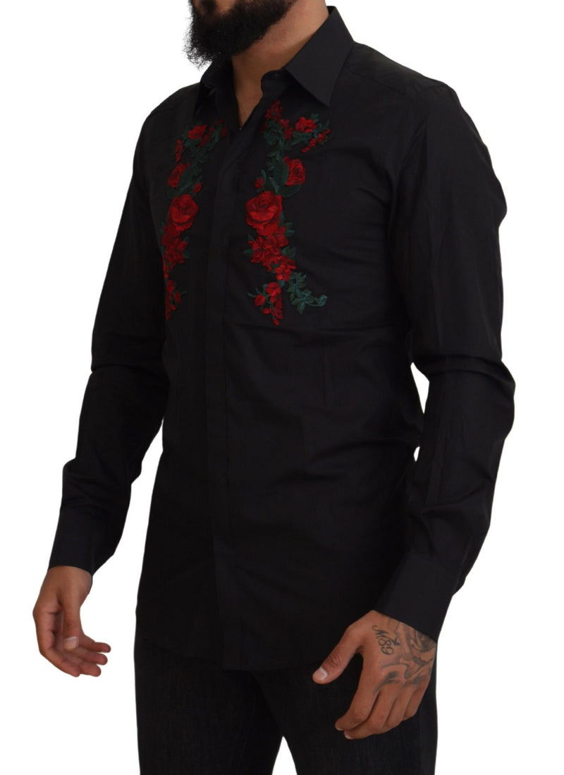 Chemise à manches longues dorée pour homme Dolce &amp; Gabbana, brodée de fleurs noires.