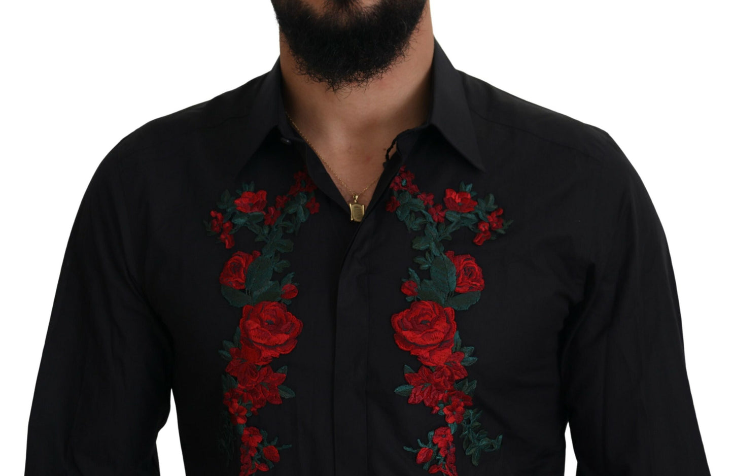 Chemise à manches longues dorée pour homme Dolce &amp; Gabbana, brodée de fleurs noires.